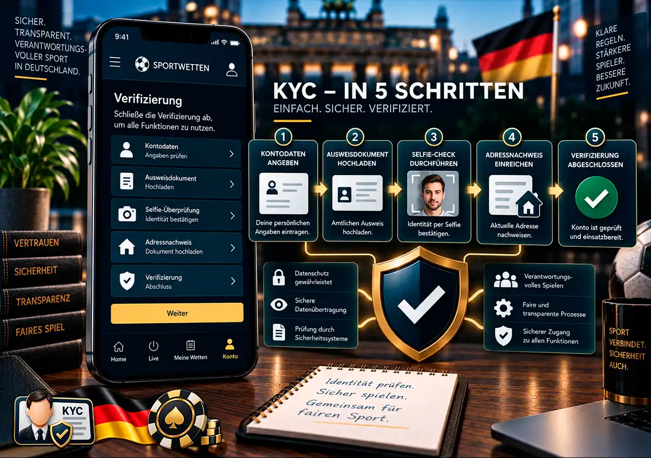 KYC-Ablauf mit Dokumentenupload, Selfie, Adressprüfung und abschließender Verifizierung.