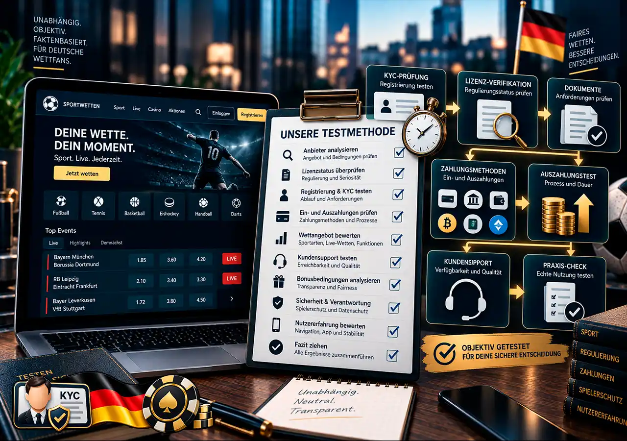 Wettanbieter-Test mit KYC-, Lizenz-, Dokument-, Zahlungs- und Auszahlungsprüfungen.